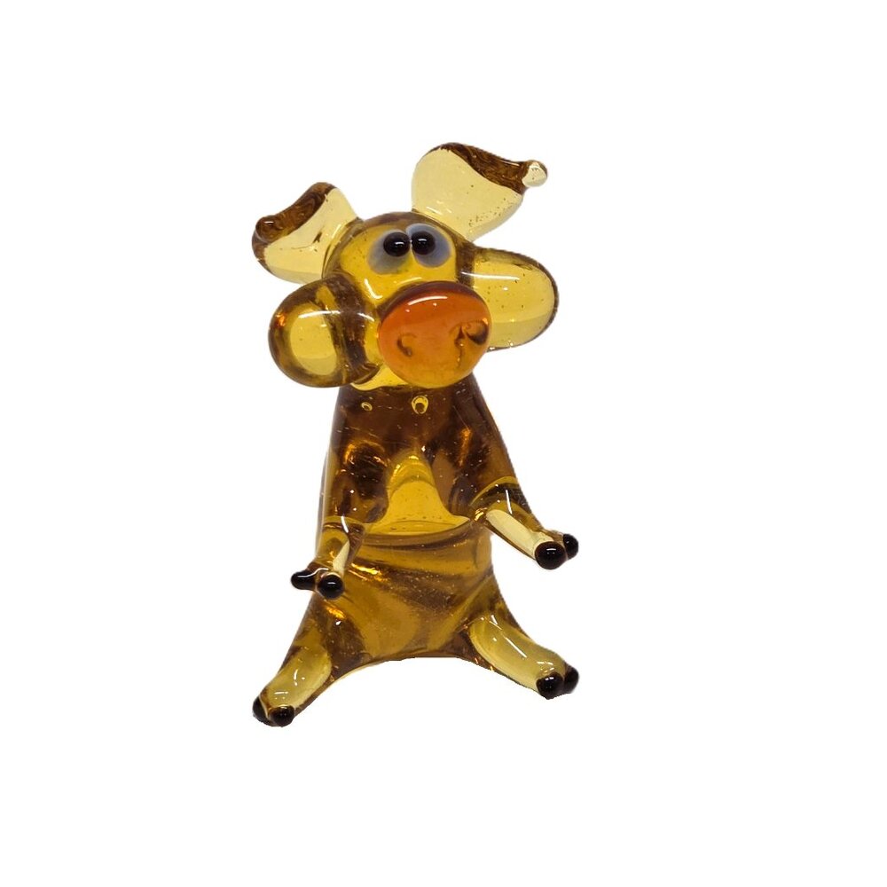 Art Glass Pig Figurine Amber Handmade Lampwork 1.5" Small Sitting